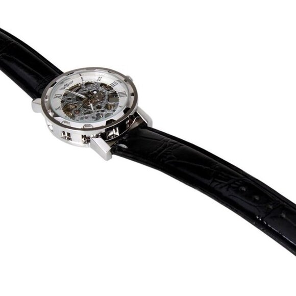 Unisex Black Leather Stylish White Skeleton Dial Hand-Wind Up Mechanical Casual - Picture 5 of 6